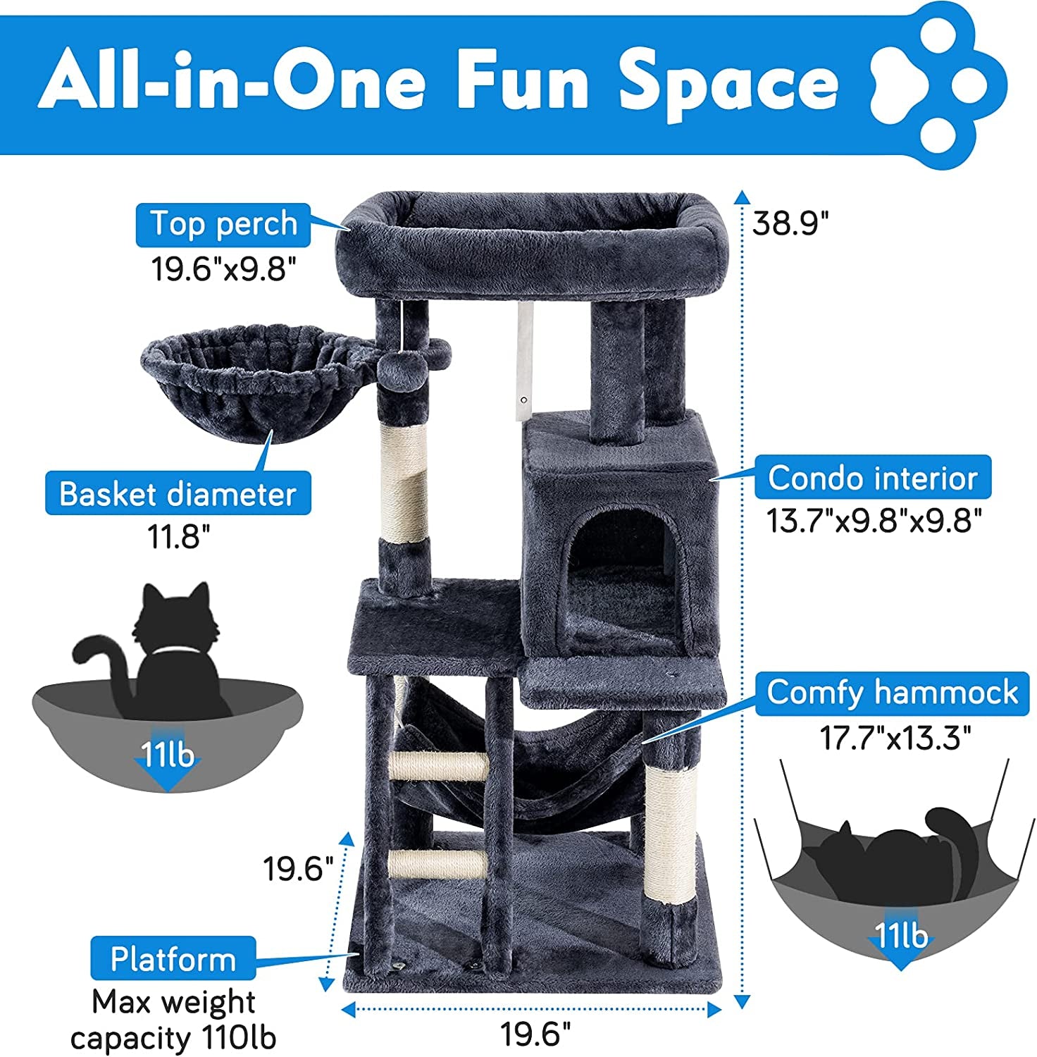 SkyClimb 39-Inch Cat Tree - Multi-Level Tower with Scratching Posts, Condo & Plush Perch for Kittens & Cats