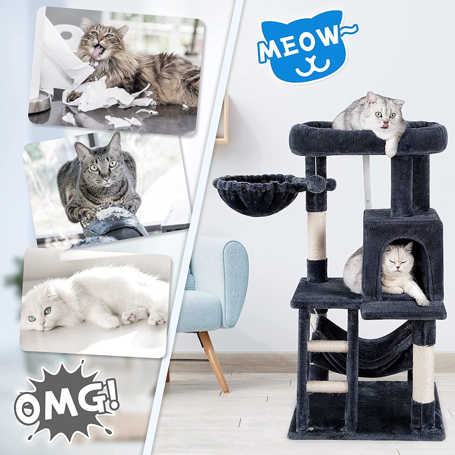 SkyClimb 39-Inch Cat Tree - Multi-Level Tower with Scratching Posts, Condo & Plush Perch for Kittens & Cats