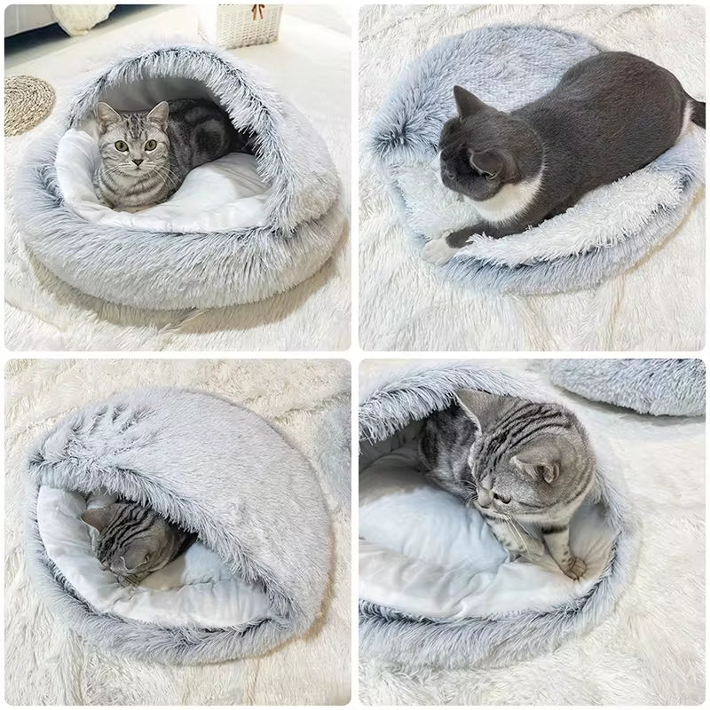 CozyNest 2-in-1 Winter Plush Cat Bed & Basket - Warm Cat House, Sleep Bag & Nest for Small Dogs & Cats