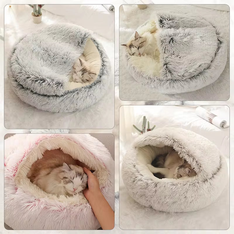 CozyNest 2-in-1 Winter Plush Cat Bed & Basket - Warm Cat House, Sleep Bag & Nest for Small Dogs & Cats