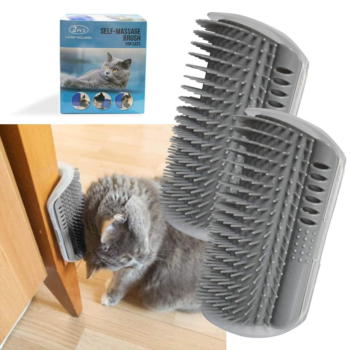 FurEase 2-Pack Self Groomer & Massage Comb - Wall Corner Scratcher with Catnip for Cats & Dogs