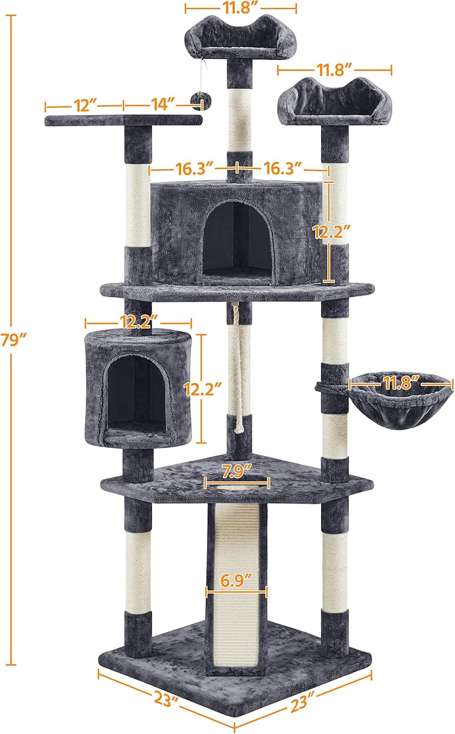 SkyPal 79-Inch Multi-Level Cat Tree - Sisal Scratching Posts, Plush Perches & Stable Condo for Cats & Kittens (Dark Gray)